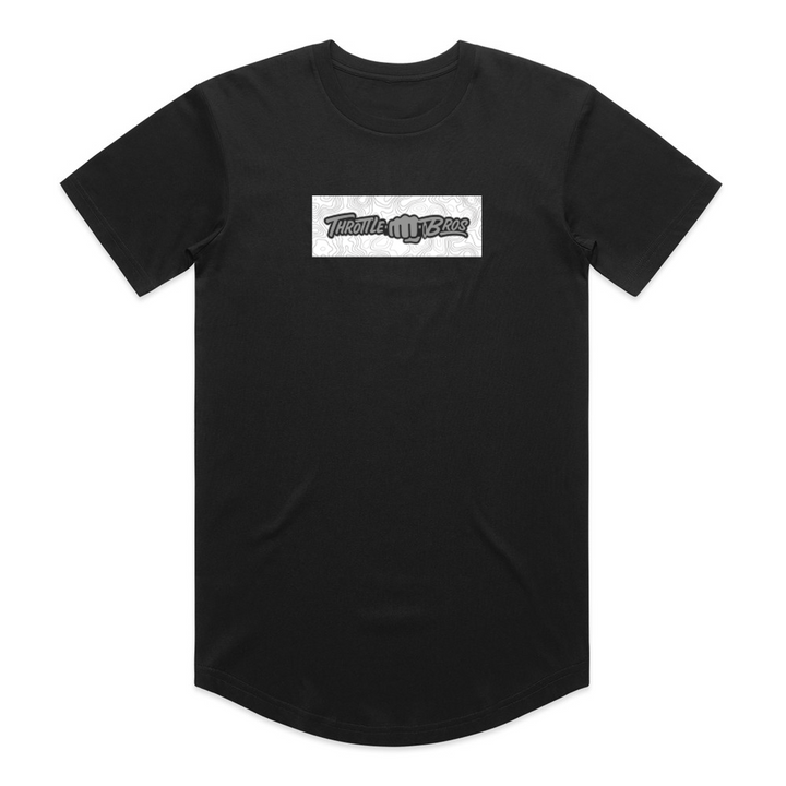 Throttle Bros Logo Topo Tee in black, front flat lay with the topo-contour chest box