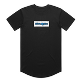 Throttle Bros Blue Logo Topo Tee in black, front flat lay with the blue logo on a topo-contour box
