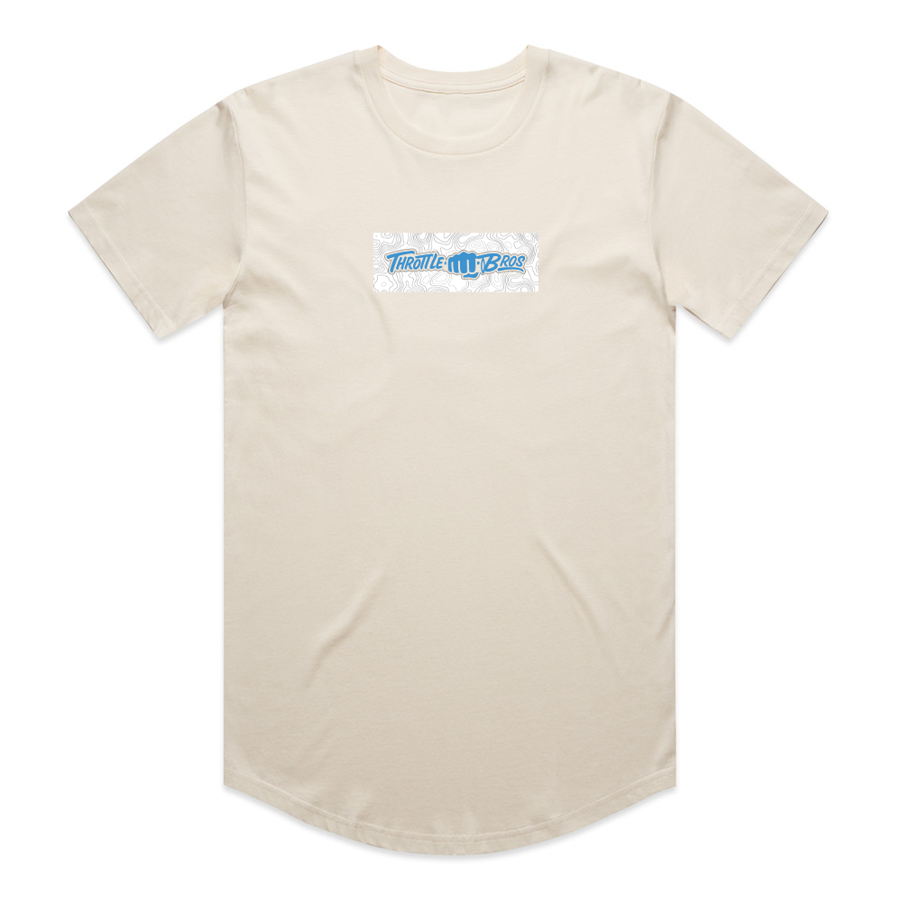 Throttle Bros Blue Logo Topo Tee in beige, front flat lay