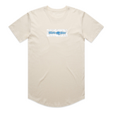 Throttle Bros Blue Logo Topo Tee in beige, front flat lay