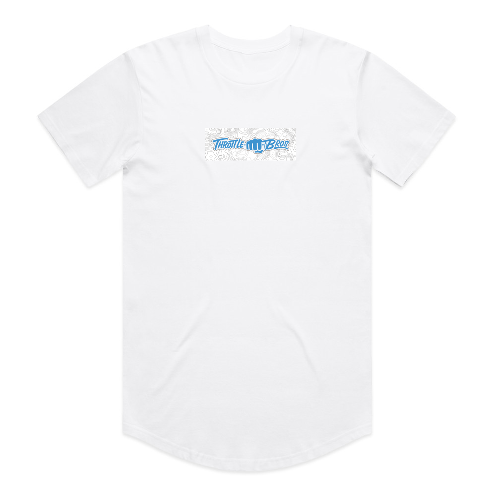 Throttle Bros Blue Logo Topo Tee in white, front flat lay