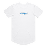 Throttle Bros Blue Logo Topo Tee in white, front flat lay