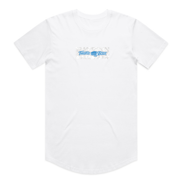 Throttle Bros Blue Logo Topo Tee in white, front flat lay