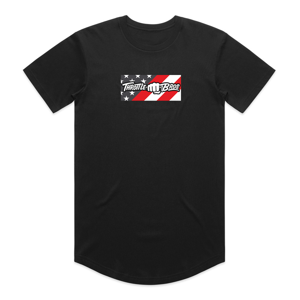 Throttle Bros Logo American Flag Tee in black, front flat lay with the distressed flag chest panel