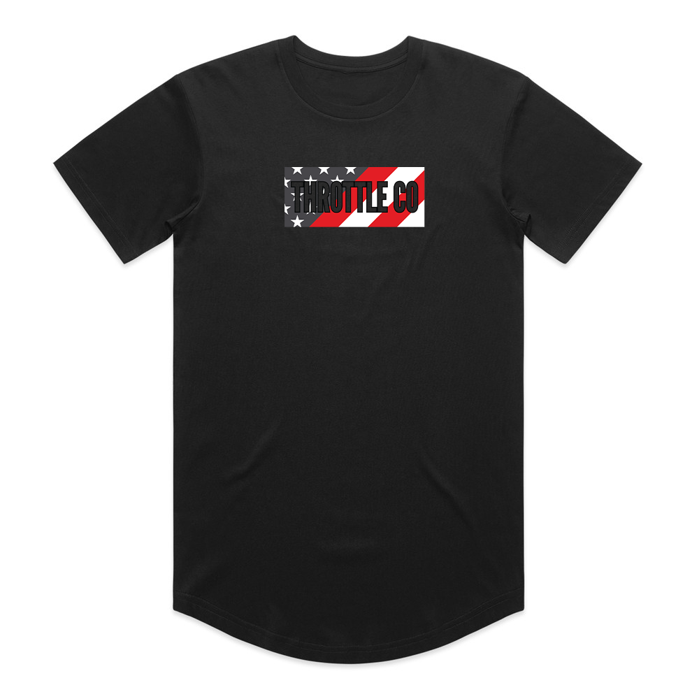 Throttle Co American Flag Tee in black, front flat lay with the THROTTLE CO logo over a distressed flag panel