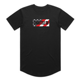 Throttle Co American Flag Tee in black, front flat lay with the THROTTLE CO logo over a distressed flag panel