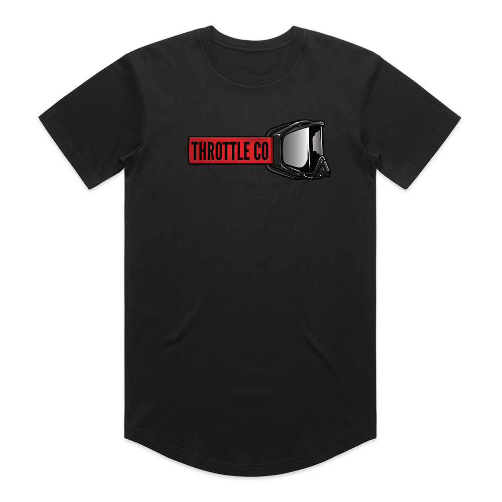 Throttle Co Red Goggles Tee in black, front flat lay with the red badge and chrome-lens moto goggles graphic