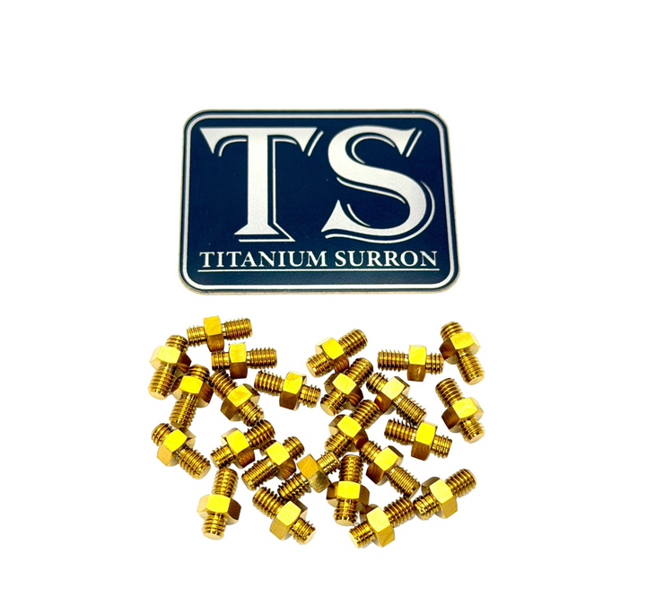 Grade 5 titanium foot peg grips in gold for Surron and Talaria e-motos
