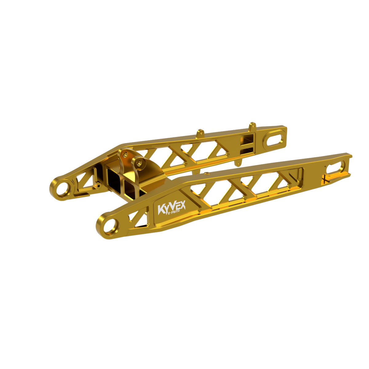 KyVex Billet Swingarm for Surron Ultra Bee — gold finish side view, alternate angle