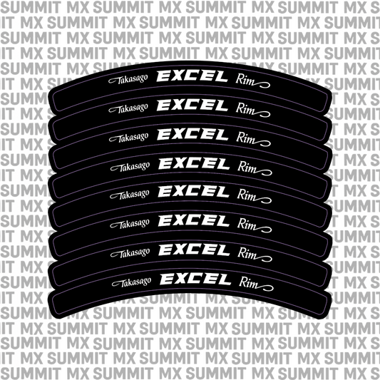 Excel rim decals for dirt bikes and e-moto — 8-piece set in multiple colors