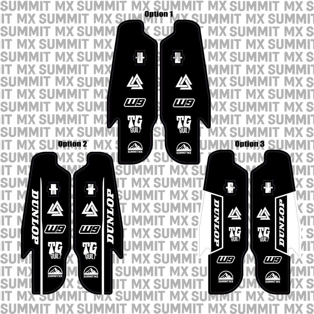RFloXa Fastace Gravitee fork guard decal by Summit MX — UV-resistant PVC vinyl for Surron e-moto builds