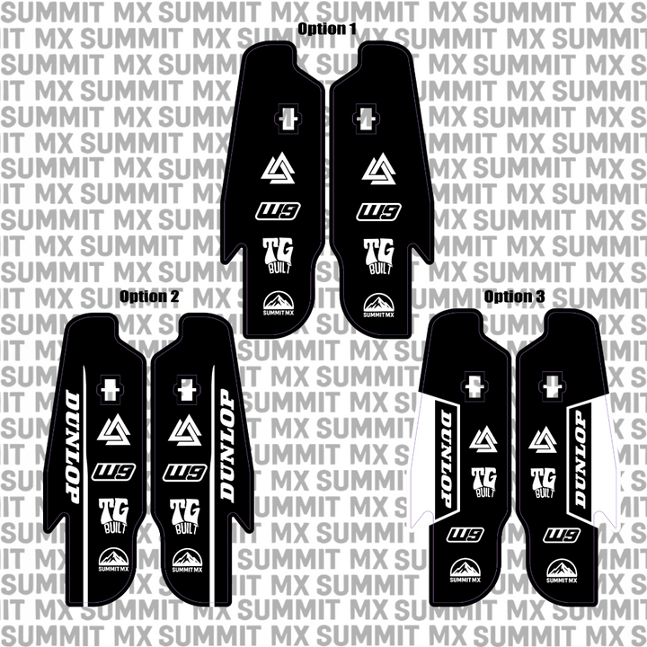 RFloXa Fastace Gravitee fork guard decal by Summit MX — UV-resistant PVC vinyl for Surron e-moto builds