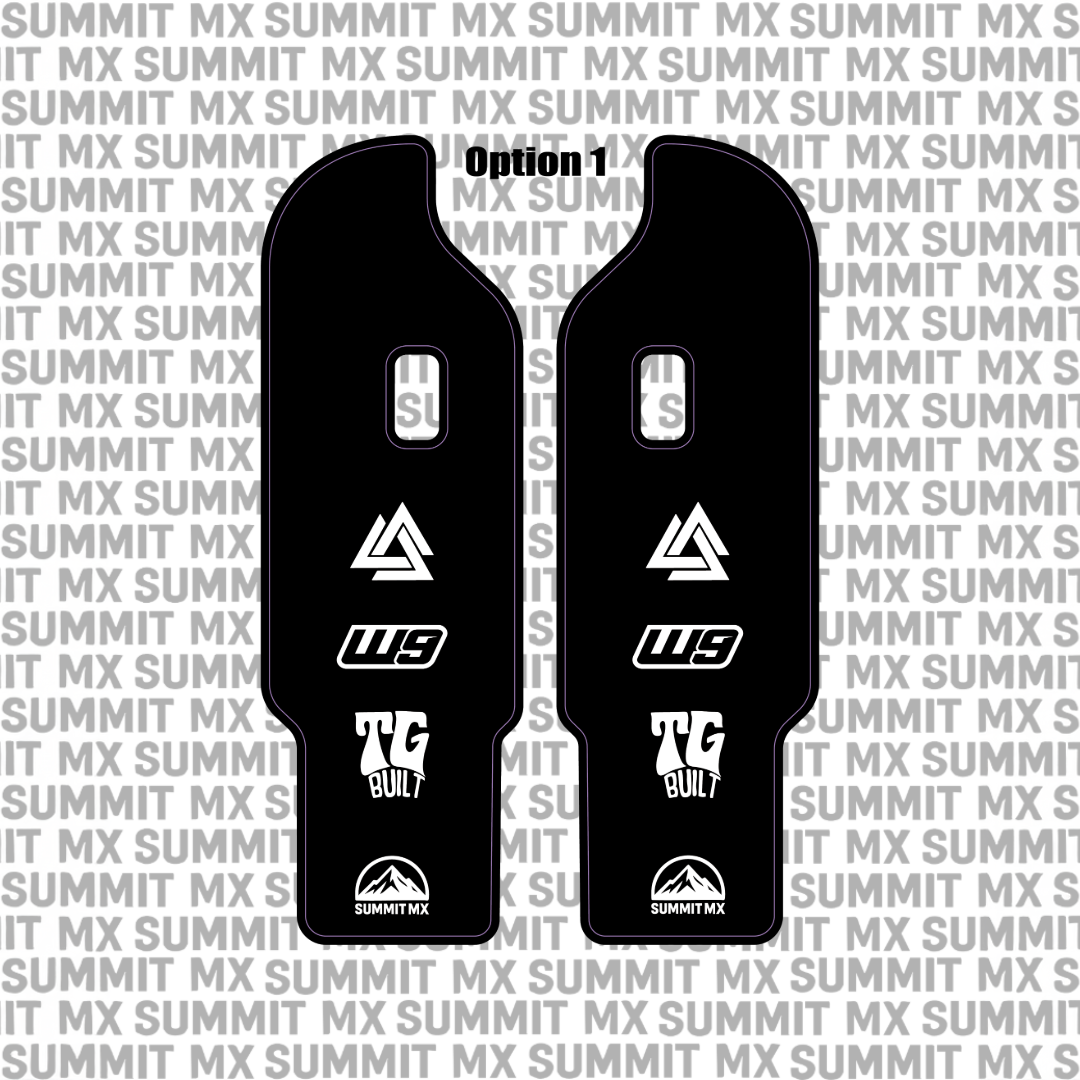 DNM fork guard decal installed on e-moto lower leg guards