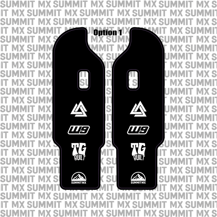 DNM fork guard decal installed on e-moto lower leg guards