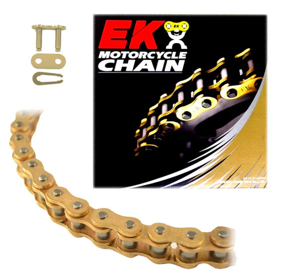 Warp 9 EK 420SH Non O-Ring Chain for Surron Light Bee — gold plates with black carbon rollers