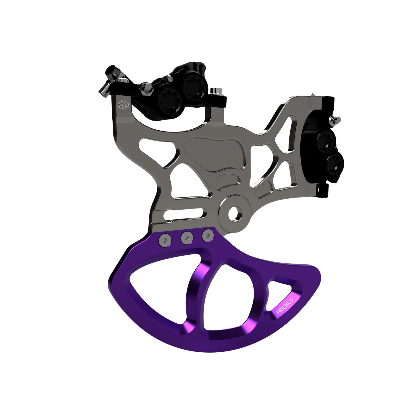 220mm rear dual caliper mount for Surron, raw finish assembled — dual caliper configuration view