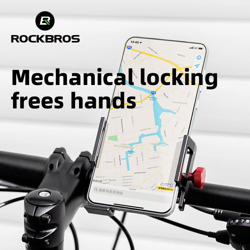 ROCKBROS S-clamp e-moto phone mount — handlebar fit detail