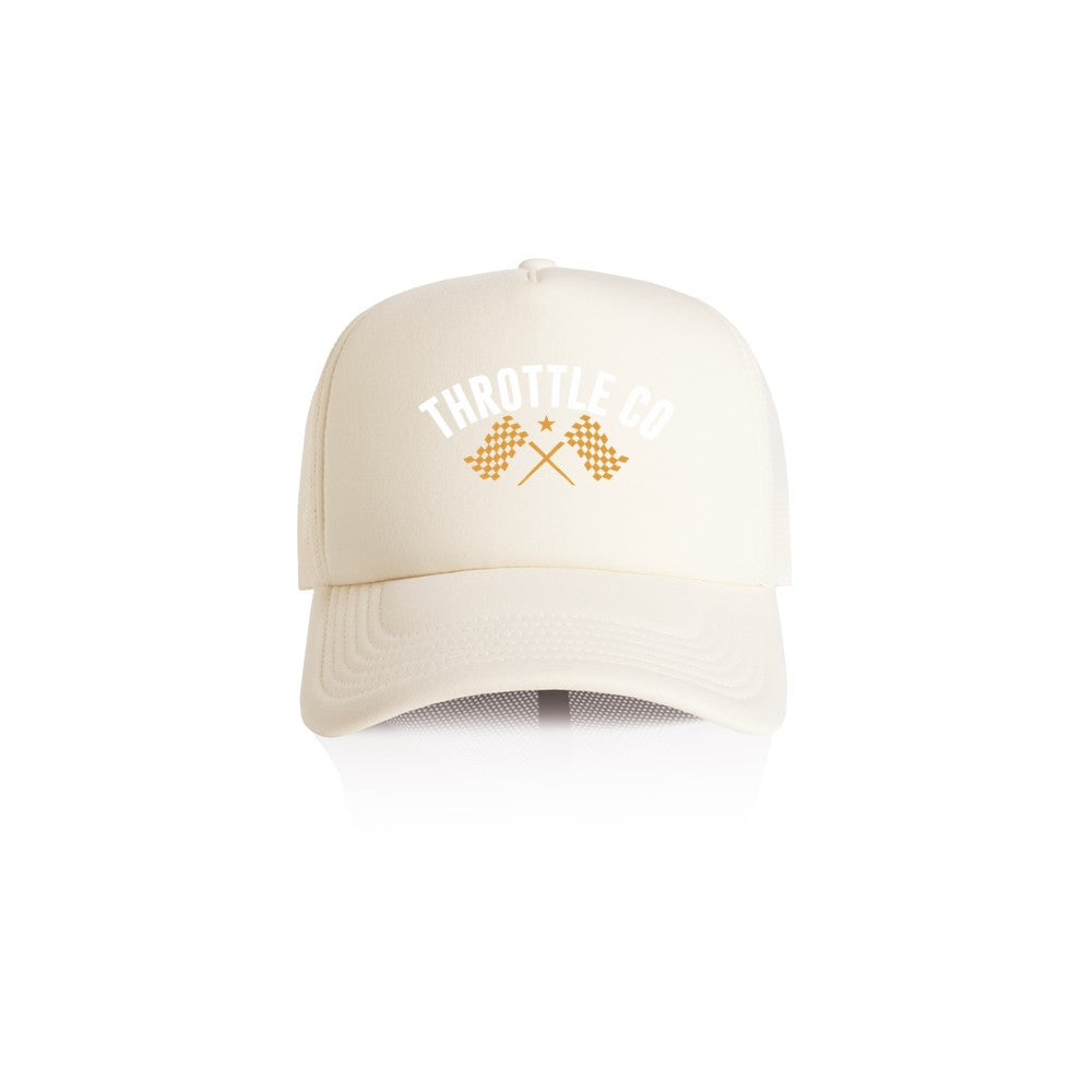 Ride More Flag Trucker Hat Tan Front