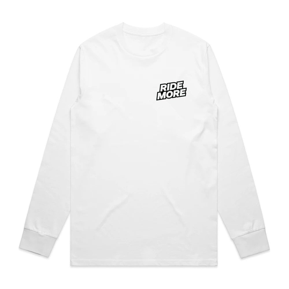 Ride More Logo Long Sleeve Tee White Front