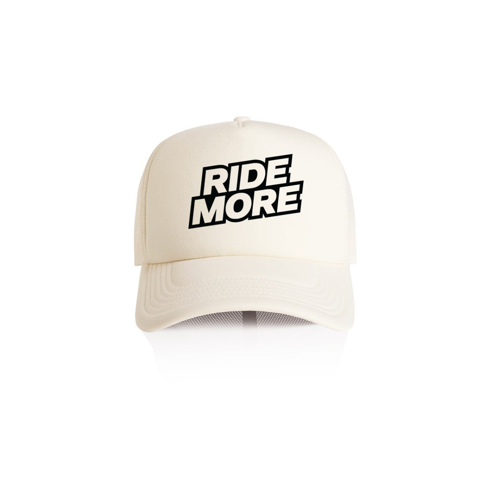 Ride More Logo Trucker Hat Tan Front